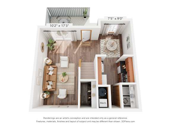A 3D floor plan of a small apartment with a kitchen, living room, and bathroom.