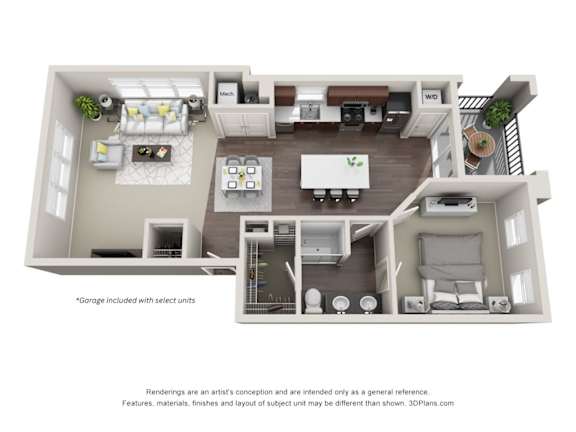 A 3D floor plan of a house with a living room, dining room, kitchen, and garage.