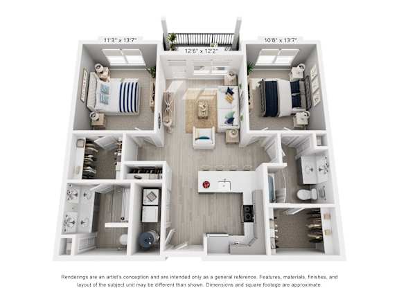 A floor plan of a two-bedroom apartment with a living room, kitchen, and bathroom.