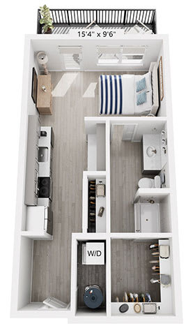 A floor plan of a small apartment with a kitchen, living room, and bathroom.