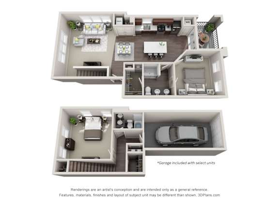 A 3D floor plan of a house with two bedrooms, a living room, a kitchen, and a garage.