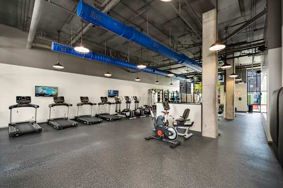 A gym with treadmills, exercise bikes, and other equipment.