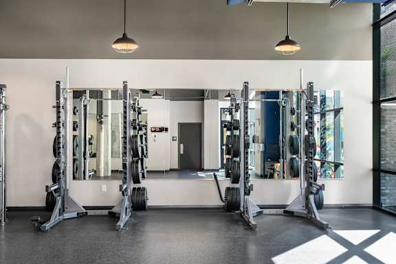 A gym with a row of squat racks and a mirrored wall.