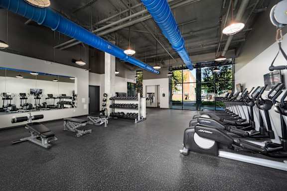 A gym with treadmills, weights, and exercise equipment.