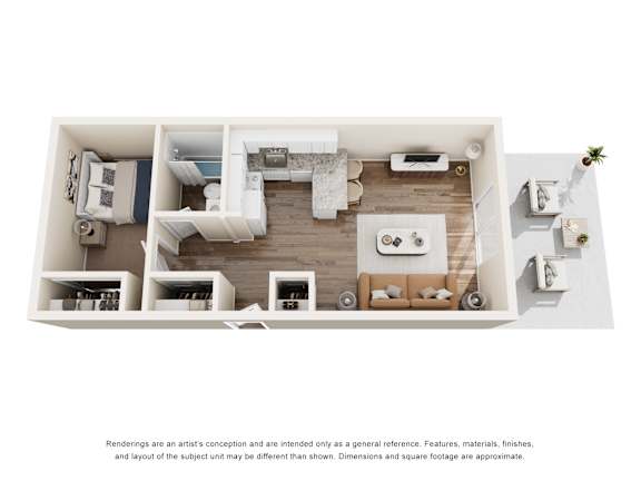 A white room with a bed, a couch, a table, and a plant.