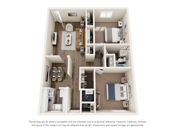 A top-down view of a small apartment with a kitchen, living room, and bathroom.