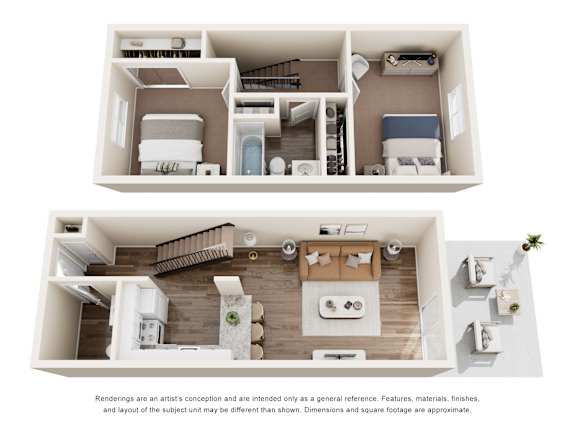 Two images of a small apartment with a kitchen, living room, and bathroom.