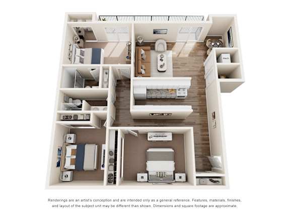 A 3D floor plan of a house with labeled rooms.