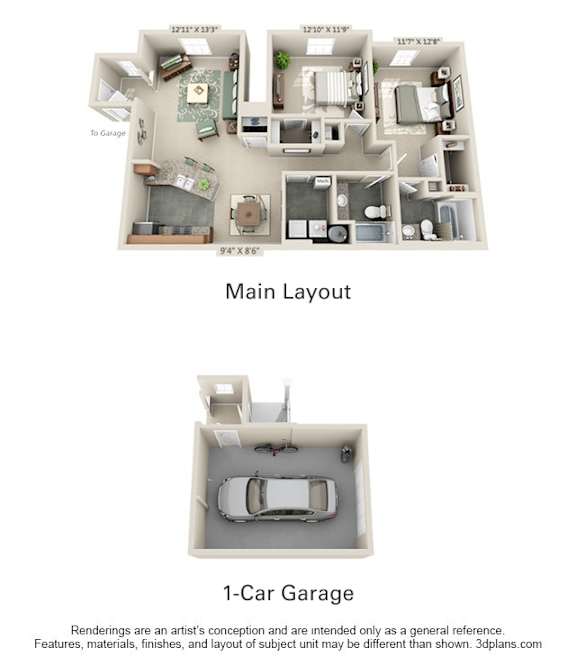 The Carrington I 2 Bedroom Apartment Floor Plan at Albany Glen