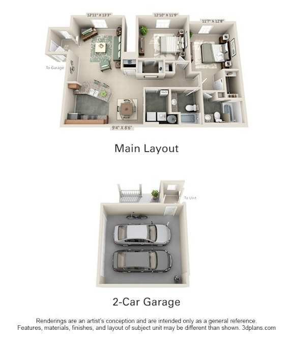 The Carrington II 2 Bedroom Apartment Floor Plan at Albany Glen