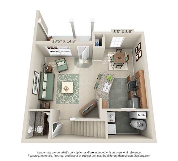 1st Floor of The Kendall 2 Bedroom Apartment Floor Plan at Albany Glen