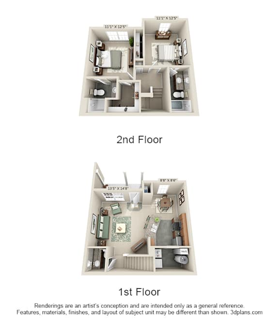 The Kendall 2 Bedroom Apartment Floor Plan at Albany Glen