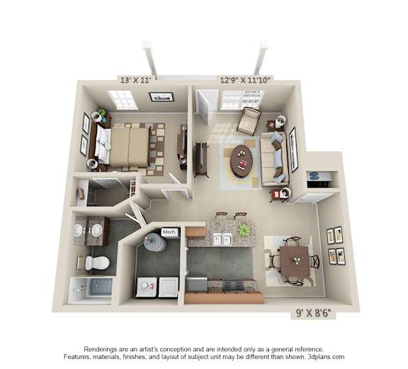 The Poppy I 1 Bedroom Apartment Floor Plan at Albany Glen