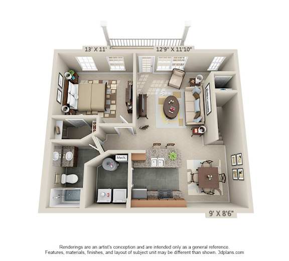 The Poppy II 1 Bedroom Apartment Floor Plan at Albany Glen