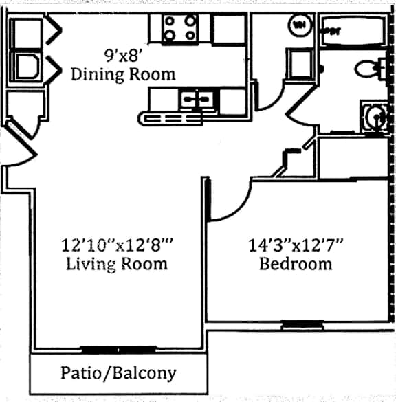 A black and white image of a floor plan for a house with a dining room, living room, bedroom, and patio/balcony.