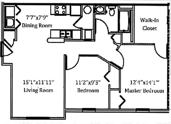 A floor plan of a home with a living room, dining room, bedrooms and a closet.
