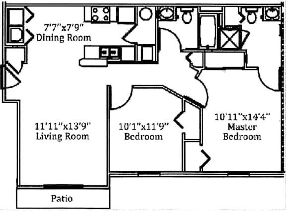 A floor plan of a house with a dining room, living room, two bedrooms, and a patio.
