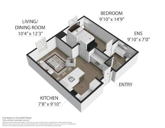 A floor plan of a one bedroom one bath model apartment.