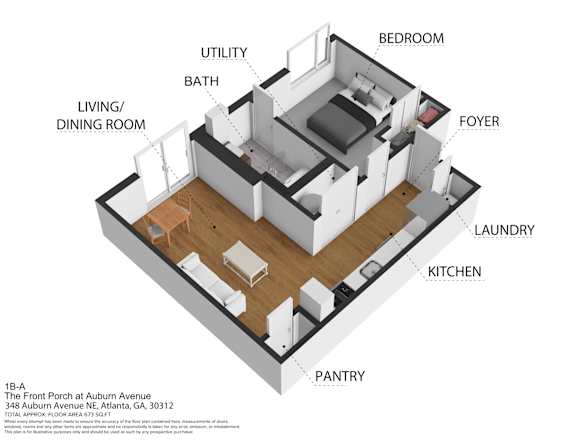 A diagram of a small apartment layout with labeled rooms.