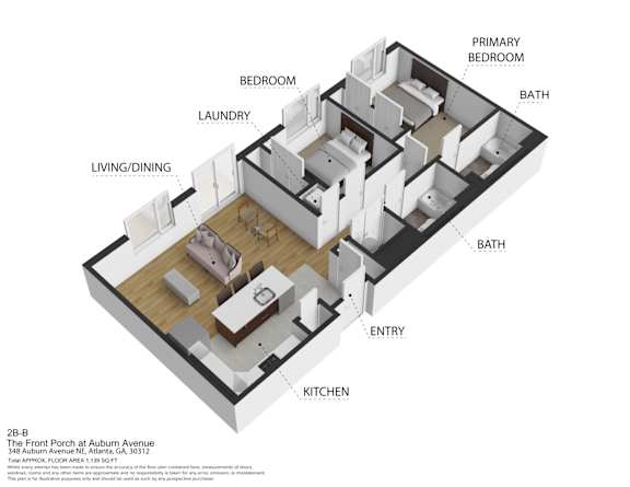 A 3D diagram of a house layout with labeled rooms.
