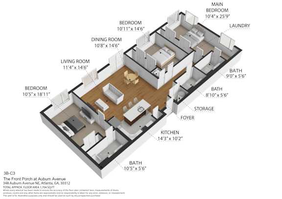 A 3D floor plan of a home with labeled rooms and dimensions.
