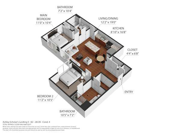 A floor plan of a small apartment with a living room, kitchen, and two bedrooms.