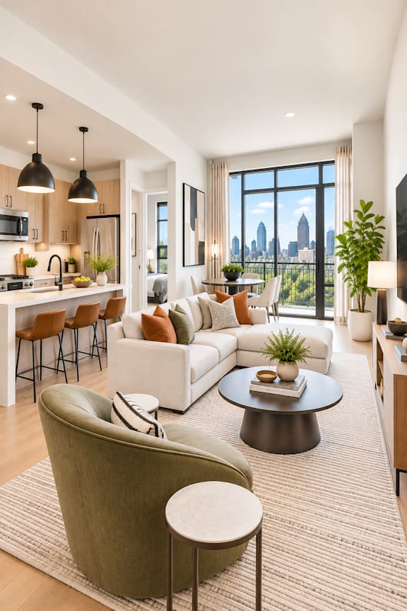 A modern living room with a large window overlooking the city.