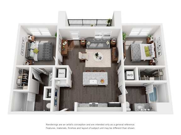 A floor plan of a small apartment with a kitchen, living room, and two bedrooms.
