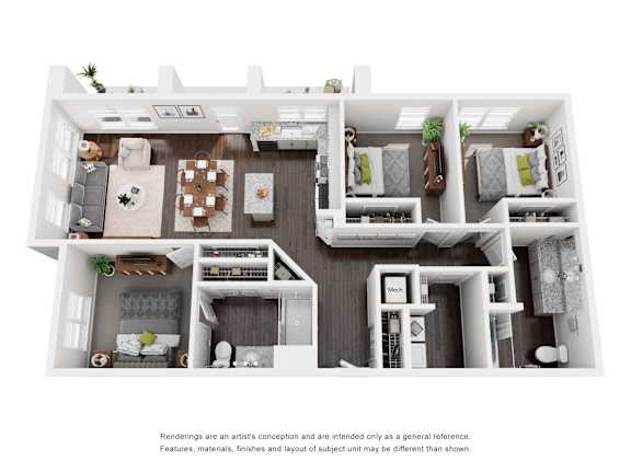 A 3D rendered image of a modern apartment layout.