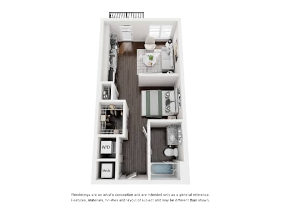 A floor plan of a small apartment with a kitchen, living room, and bedroom.