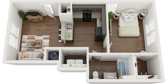 A top-down view of a small apartment with a kitchen, living room, and bedroom.
