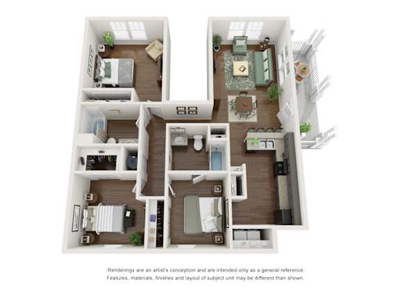 A floor plan of a two-bedroom apartment with a living room, kitchen, and bathroom.