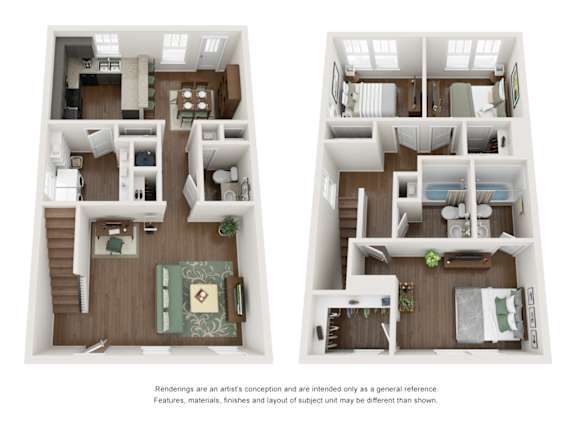 Two floor plans of a house with a living room, kitchen, and bedrooms.