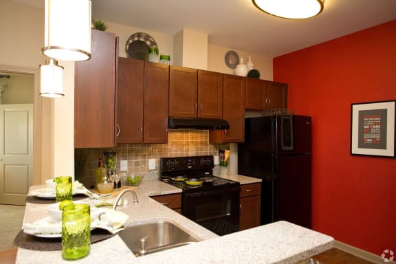 Open kitchen concept with granite countertops and black appliances at Ashley Auburn Pointe in Atlanta, GA