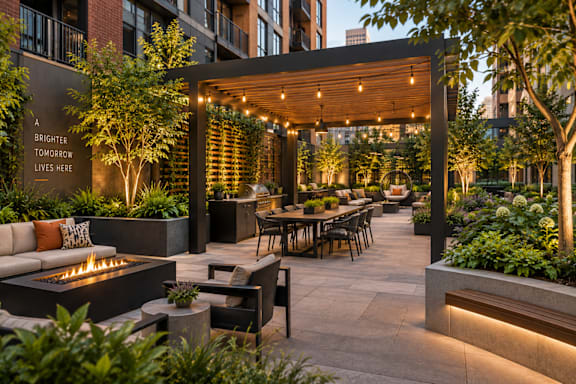 A patio with a fire pit and seating area.