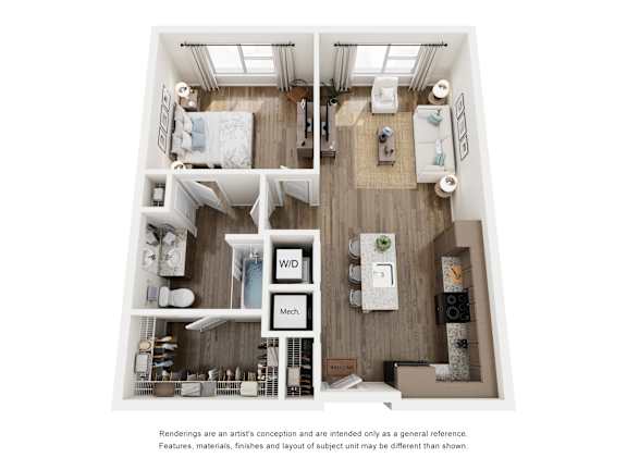 A floor plan of a small apartment with a bedroom, living room, kitchen, and bathroom.