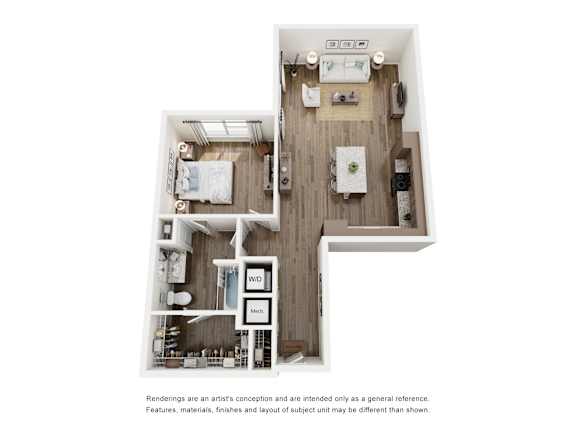 A floor plan of a house with a kitchen, living room, and two bedrooms.