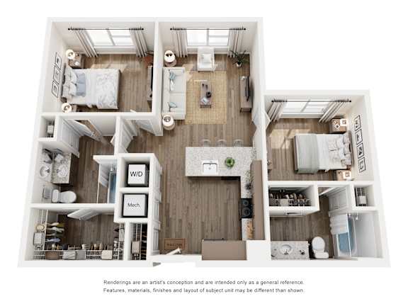 A white and wood floor plan of a small apartment with a kitchen, living room, and bathroom.