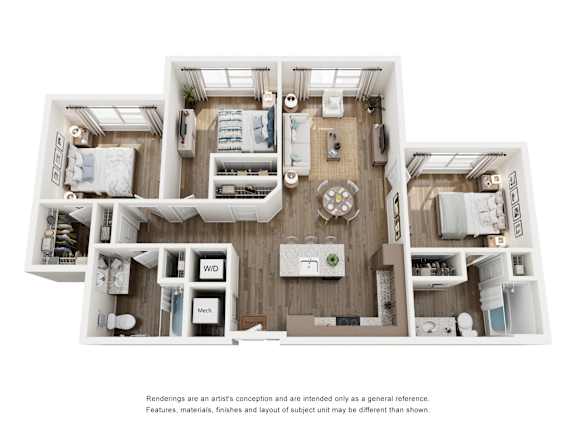 A floor plan of a small apartment with a kitchen, living room, and two bedrooms.