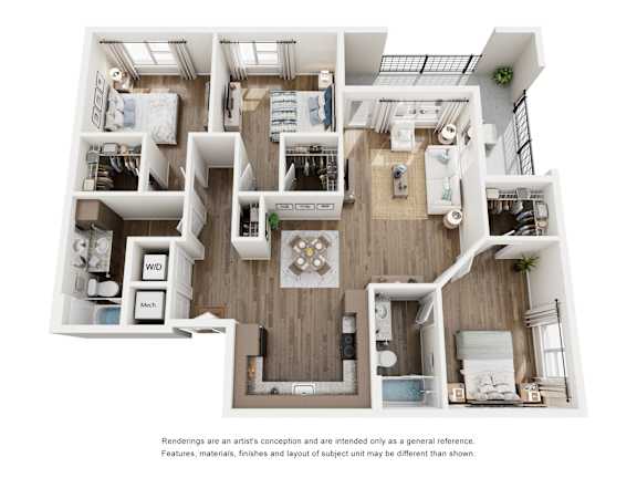 A floor plan of a house with a kitchen, living room, and two bedrooms.