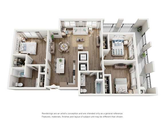 A floor plan of a house with multiple rooms and a kitchen.