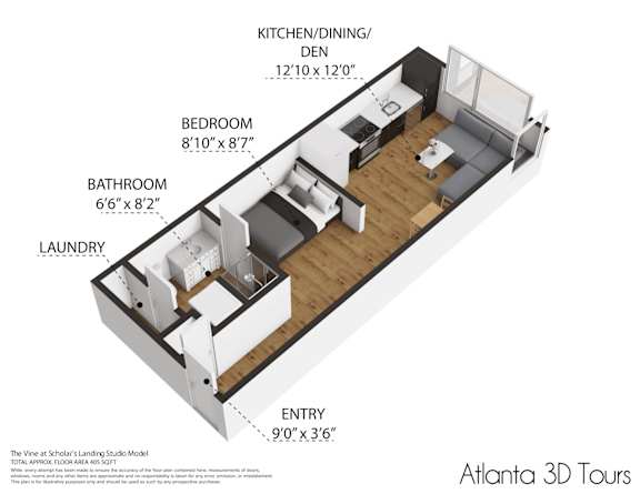 A 3D floor plan of a studio apartment with a kitchen, dining area, bedroom, bathroom, and laundry room.