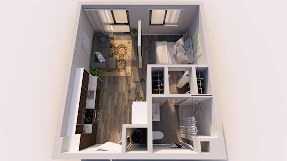 A top-down view of a small, modern apartment with a kitchen, living room, and bathroom.