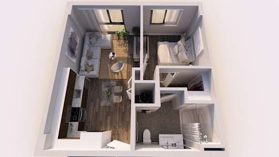 A top down view of a small apartment with a kitchen, living room and bedroom.