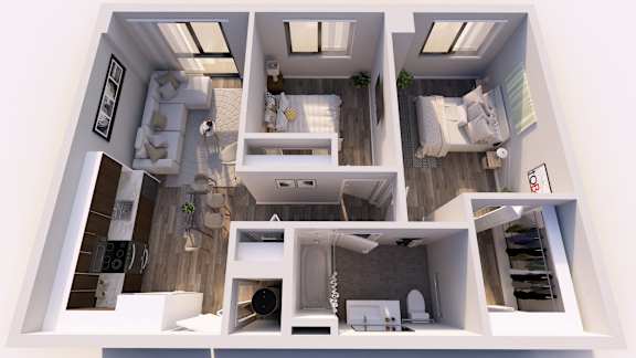 A 3D rendering of a modern, minimalist apartment layout.