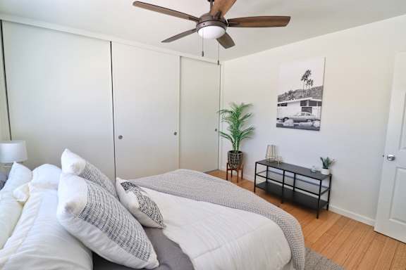 A bedroom with a bed, pillows, a ceiling fan, and a plant.