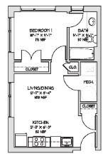 A floor plan of a house with a bedroom, living room, kitchen, and bathroom.