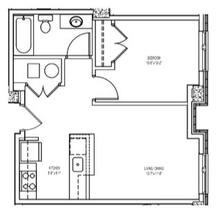 A floor plan of a room with a bed, a desk, and a wardrobe.