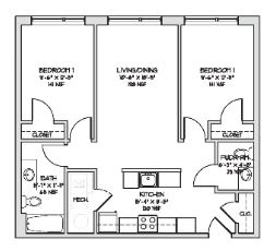 A black and white image of a floor plan for a house with two bedrooms, a living room, a kitchen, a bathroom, and a laundry area.