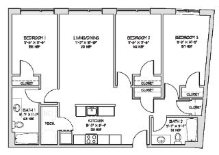 A floor plan of a house with three bedrooms and a living/dining area.